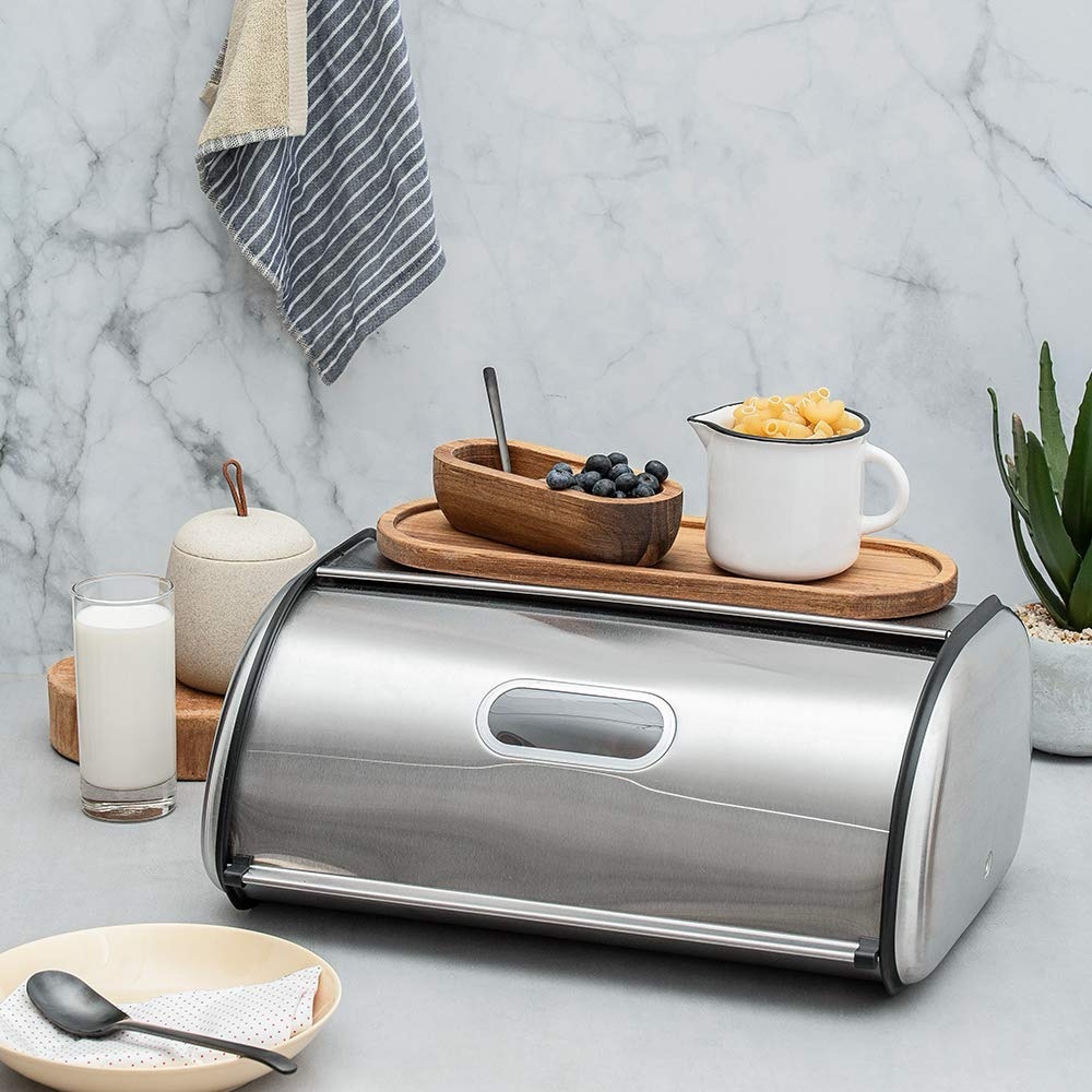 Breadbox Stainless Steel X-Large Capacity Bread Storage Box Kitchen Chrome Black